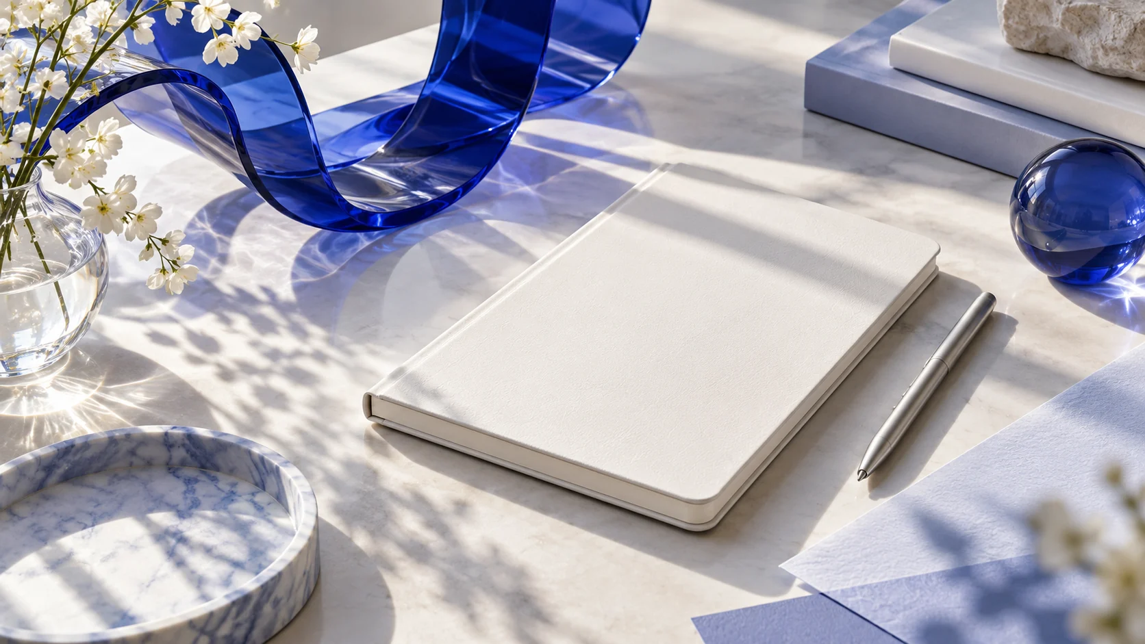 A blue and white creative workspace with a notebook and pen